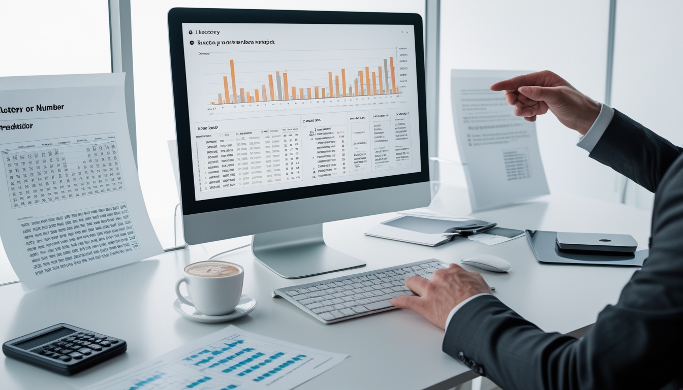 Meja kerja dengan komputer yang menampilkan data dan grafik angka serta tangan seseorang yang sedang menganalisis data.