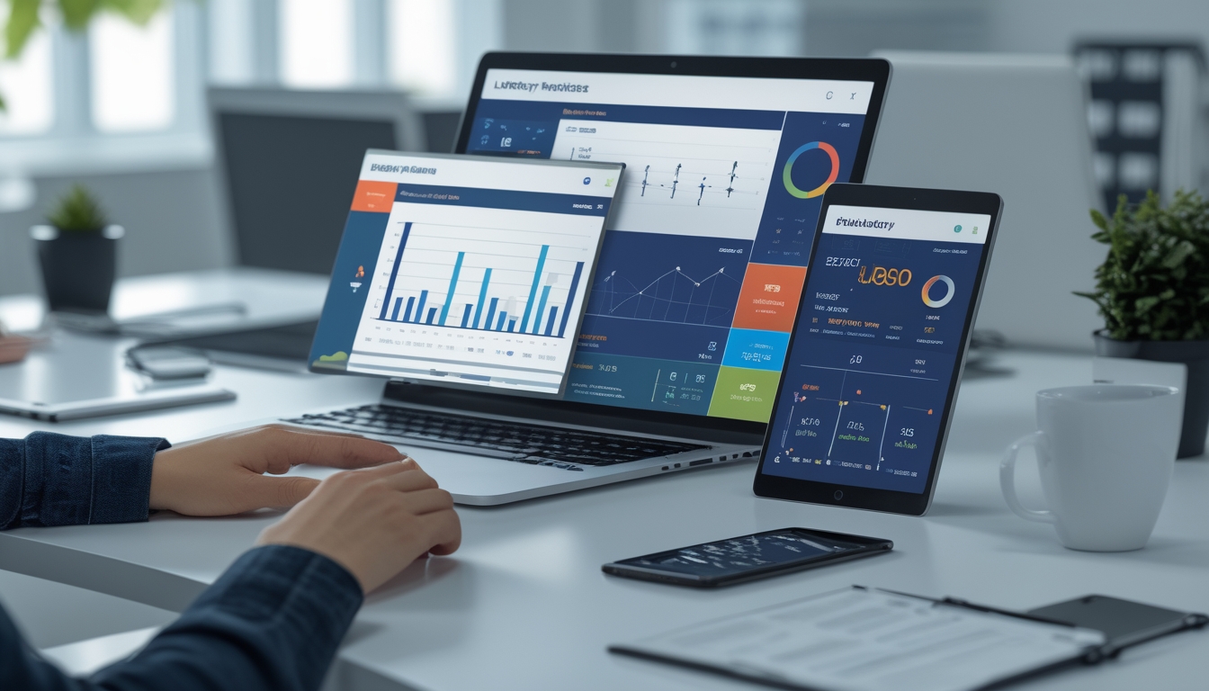 Seseorang sedang bekerja di meja dengan beberapa perangkat digital yang menampilkan grafik dan angka terkait prediksi togel, di ruang kantor yang terang dan rapi.