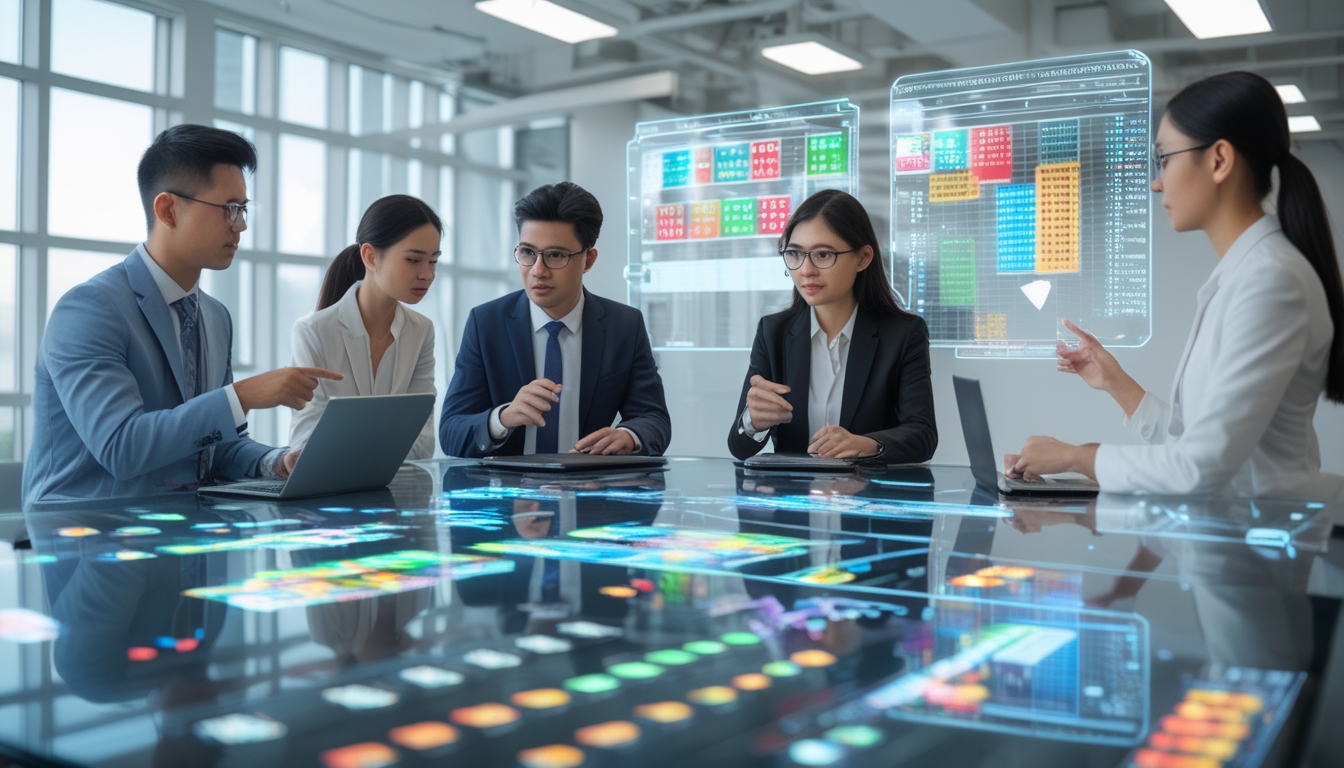 Sekelompok profesional sedang bekerja bersama di ruang kantor modern dengan layar digital menampilkan grafik dan angka prediksi togel Hongkong.