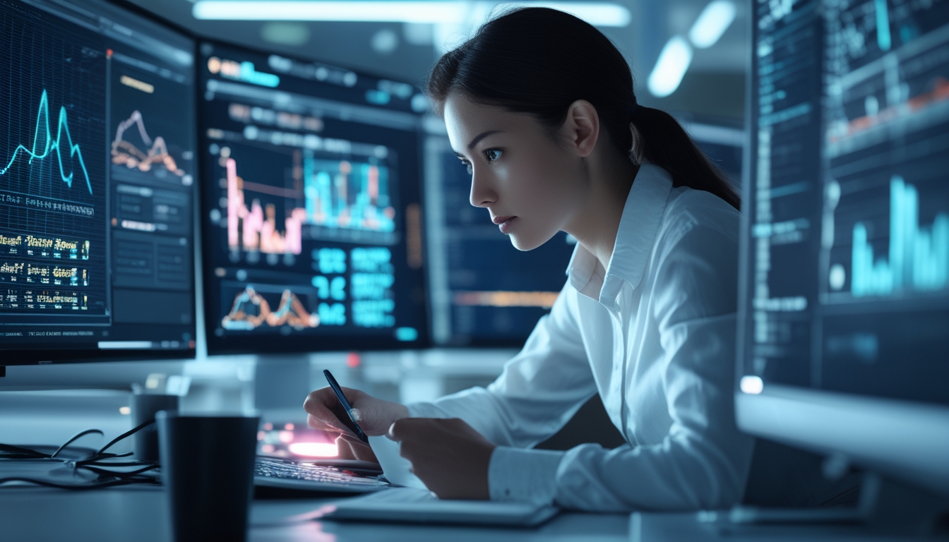 Seseorang yang fokus menganalisis data dan grafik angka di beberapa layar komputer di kantor modern pada malam hari.