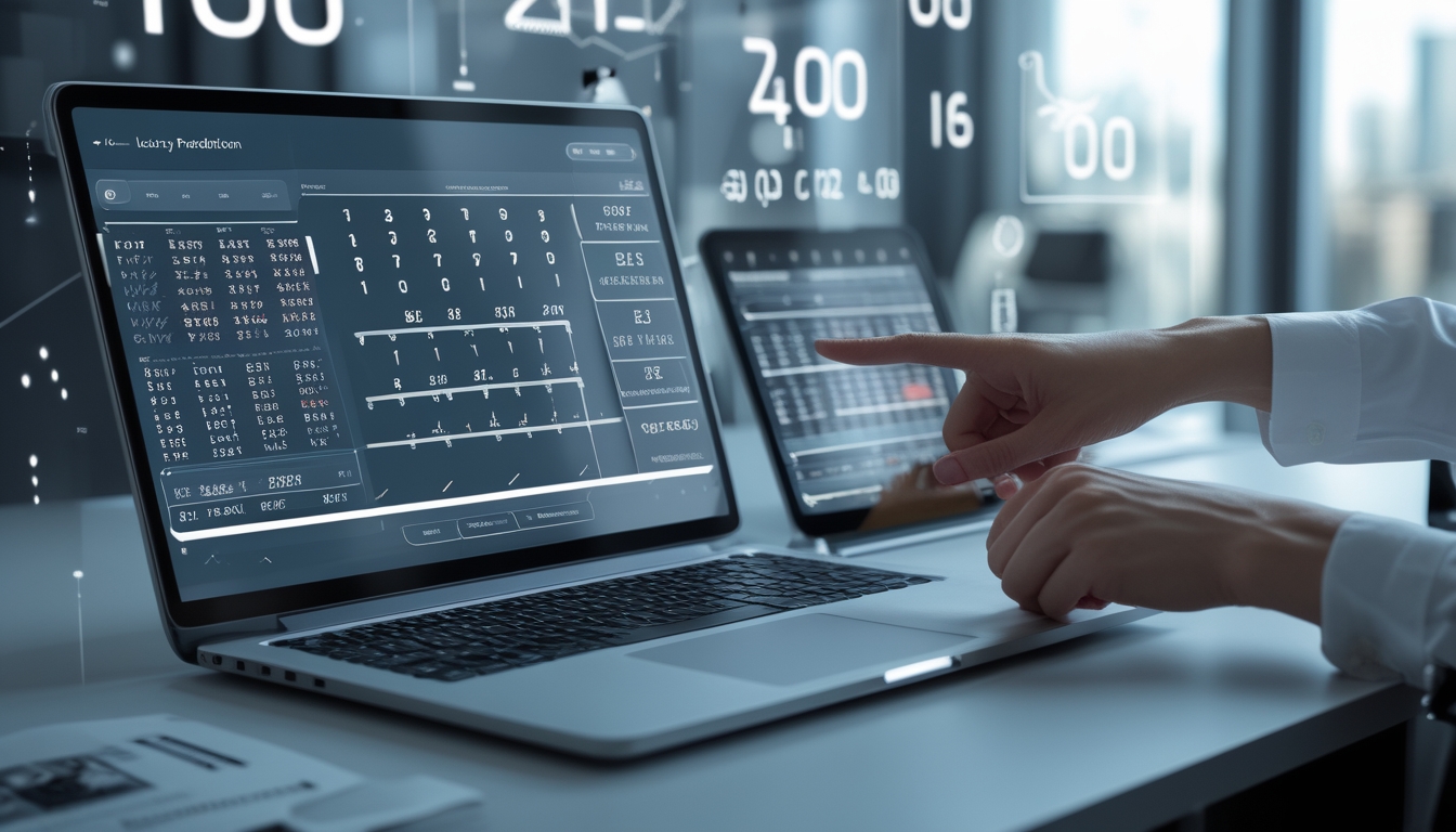 Sebuah meja kerja modern dengan perangkat digital menampilkan pola angka dan grafik, tangan seseorang menunjuk pada layar yang berisi angka dan rumus matematika.