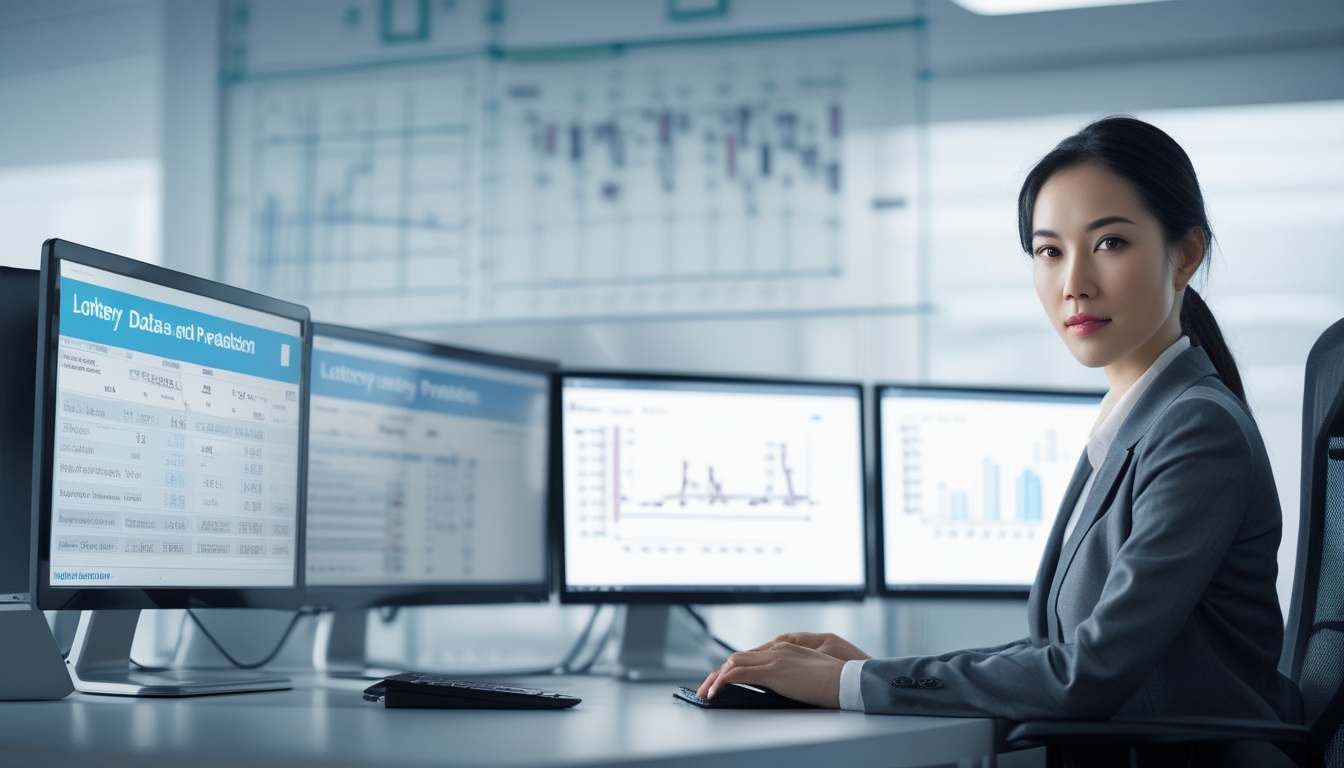 Seorang wanita bisnis duduk di depan beberapa layar komputer yang menampilkan grafik dan data angka, terlihat fokus dan serius di dalam ruang kantor modern.