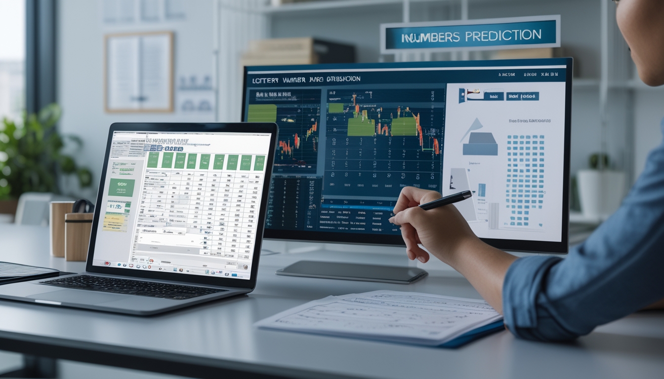 Seorang profesional sedang menganalisis data angka pada perangkat digital di meja kerja di kantor yang rapi dan terang.