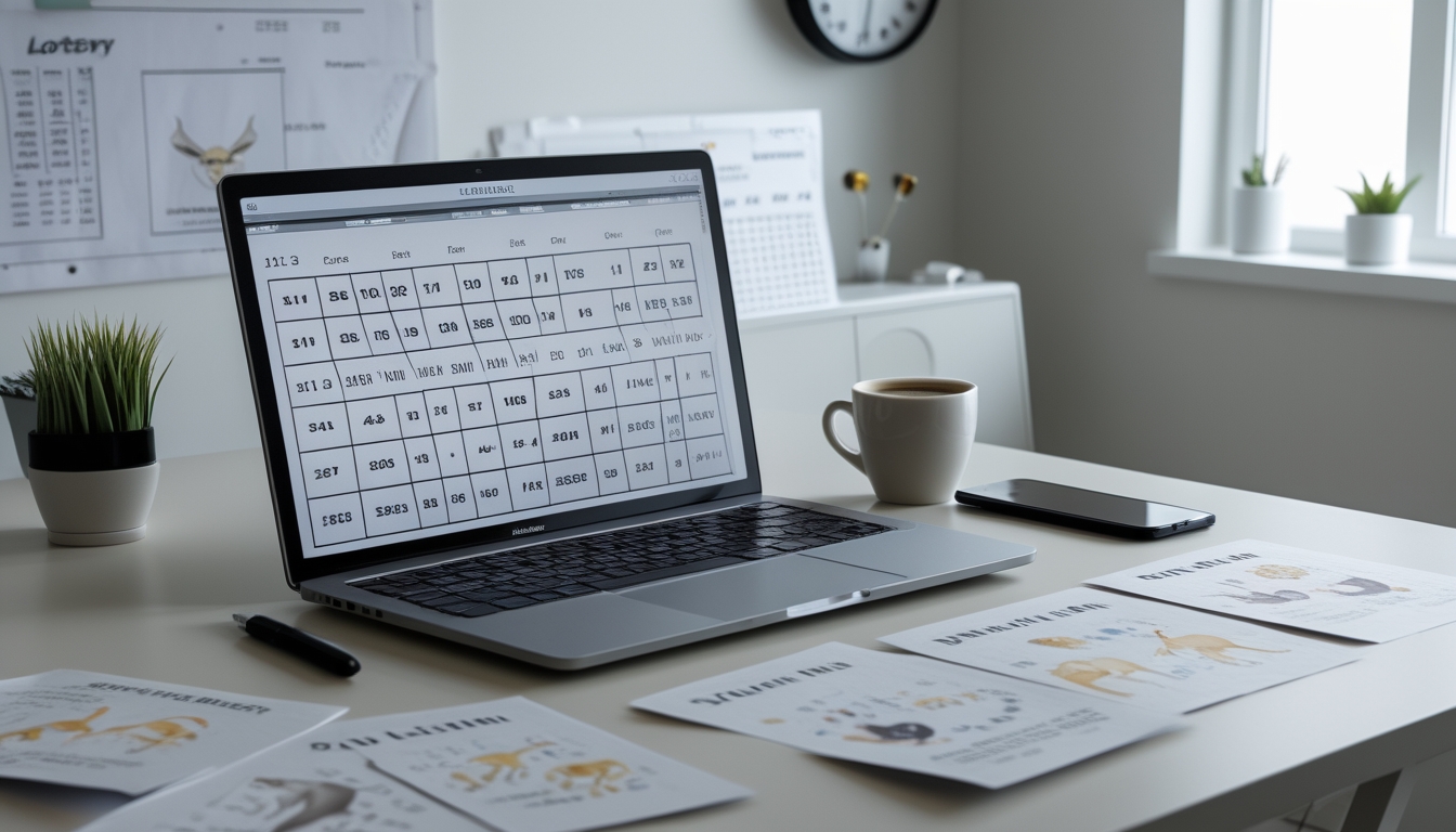 Meja kerja modern dengan laptop yang menampilkan grafik dan angka, kertas dengan ilustrasi shio dan catatan tafsir mimpi, serta alat tulis dan kopi di atas meja.