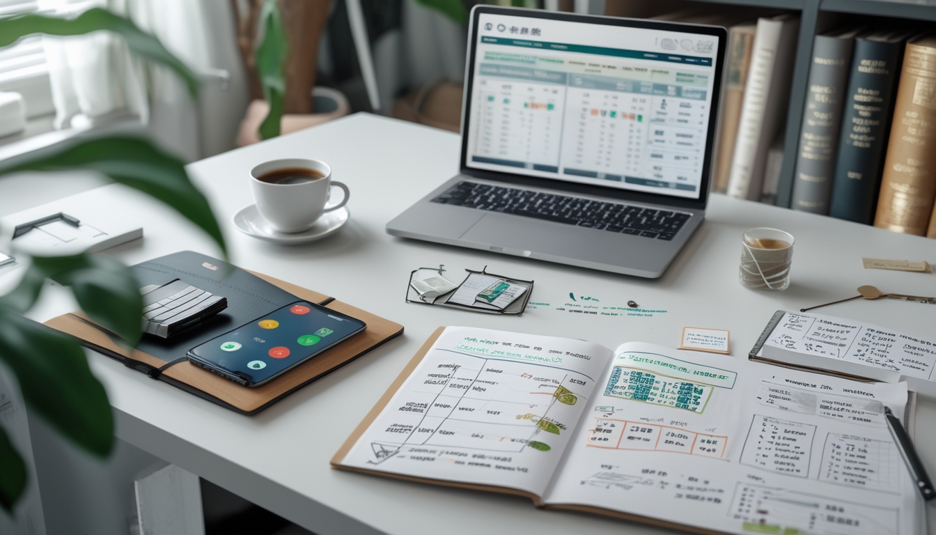 Meja kerja dengan laptop, buku catatan, dan ponsel yang menampilkan data terkait prediksi togel dan tafsir mimpi.