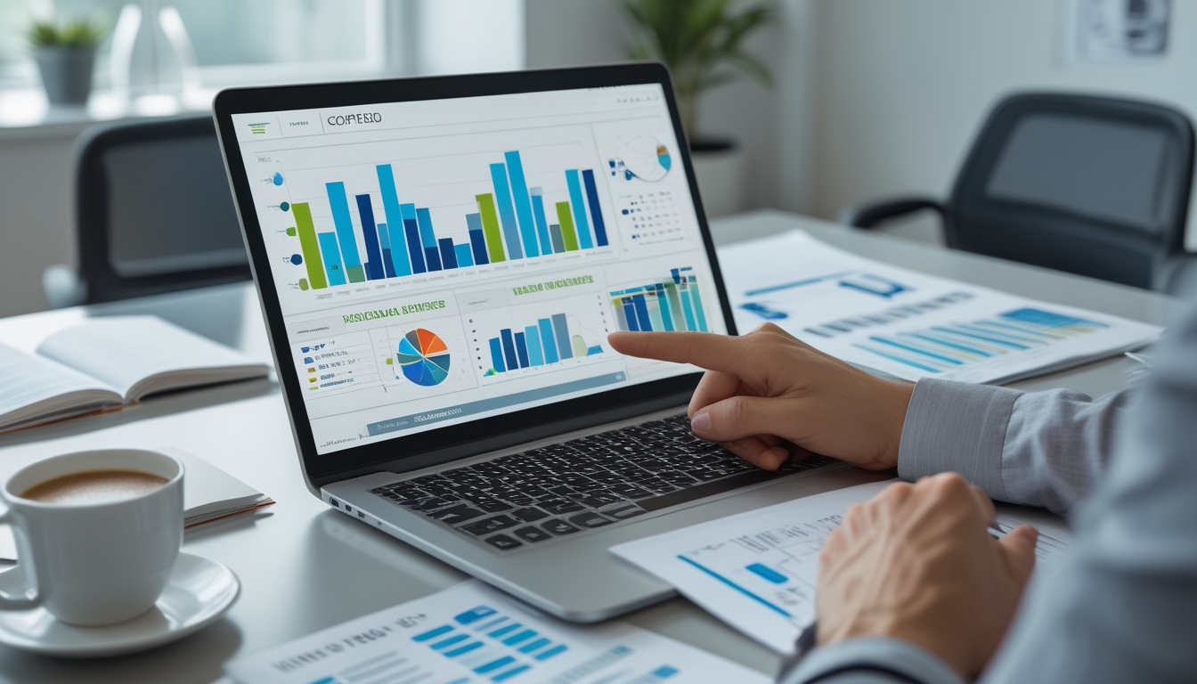 Meja kerja dengan laptop yang menampilkan grafik dan data, tangan seseorang menunjuk layar, suasana kantor yang rapi dan terang.