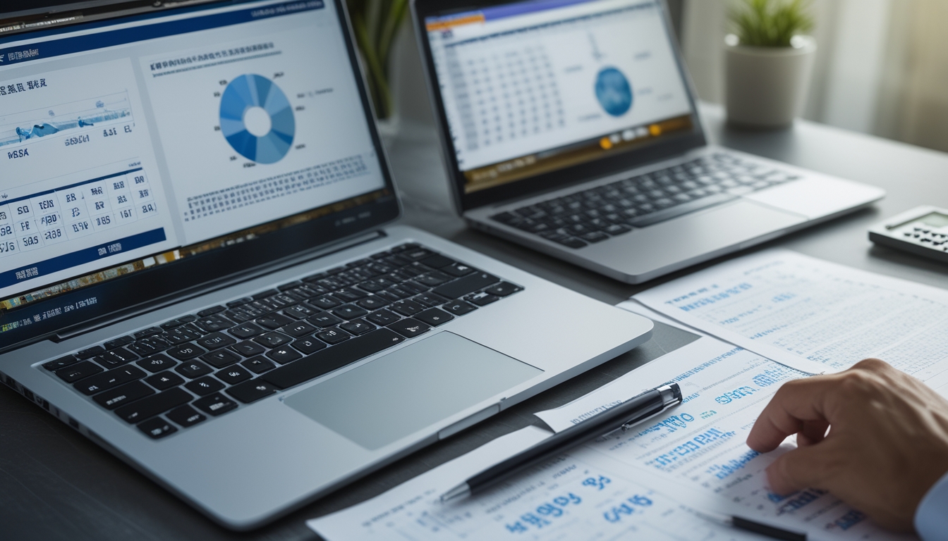 Meja kerja dengan laptop yang menampilkan grafik dan kertas berisi data angka, alat tulis, dan kalkulator dalam suasana fokus menganalisis pola angka.