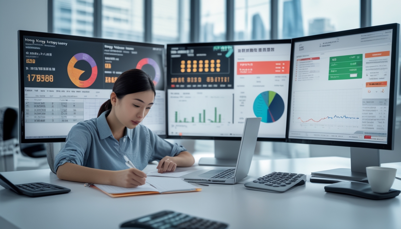 Seseorang sedang menganalisis data prediksi lotere Hong Kong di depan beberapa layar komputer di kantor modern.