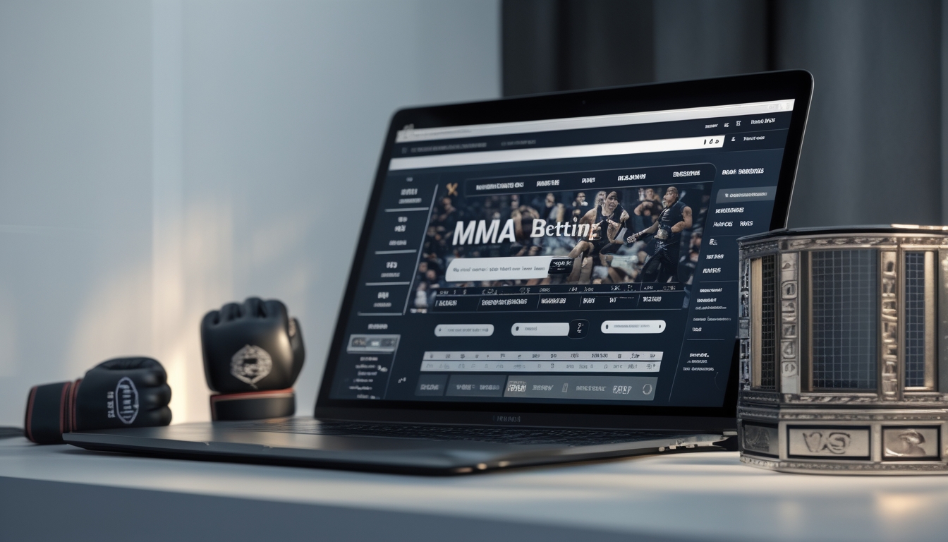 Sebuah ruang kerja modern dengan laptop yang menampilkan situs taruhan MMA, dikelilingi oleh sarung tangan MMA dan model kandang oktagon kecil.