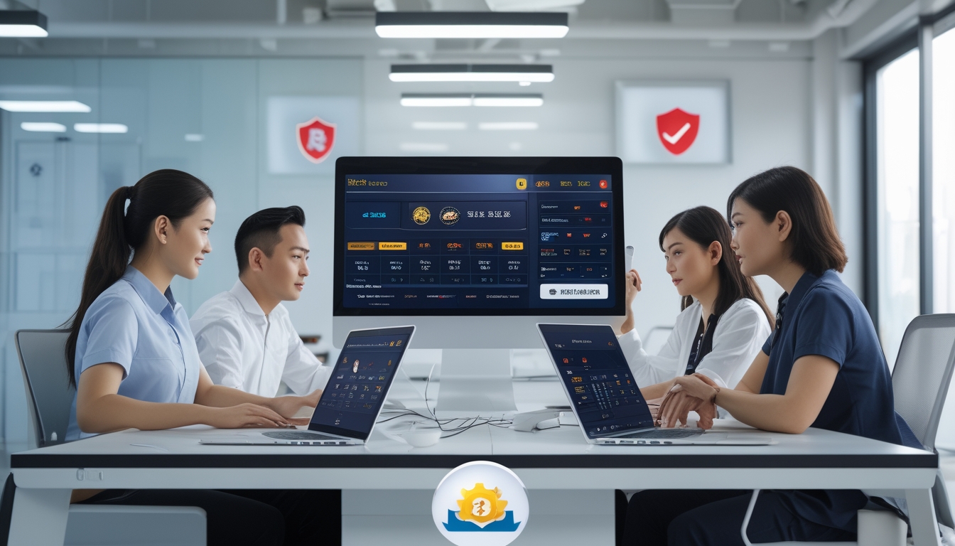 Sekelompok orang Asia muda menggunakan perangkat digital untuk melihat data dan peluang taruhan MMA secara online di ruang kantor modern yang terang dan aman.