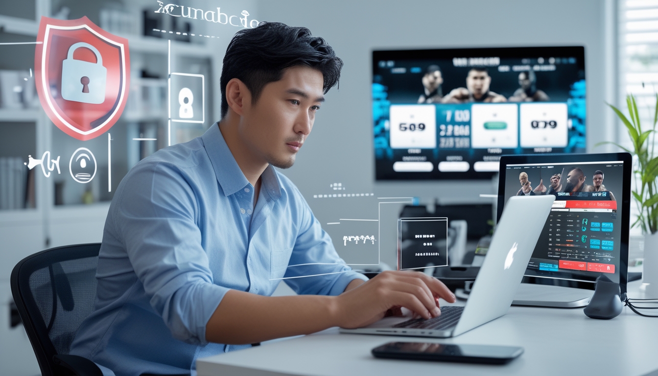 Seorang pria Asia duduk di meja dengan laptop dan ponsel yang menampilkan grafik pertarungan MMA dan peluang taruhan, dengan simbol keamanan digital di latar belakang.