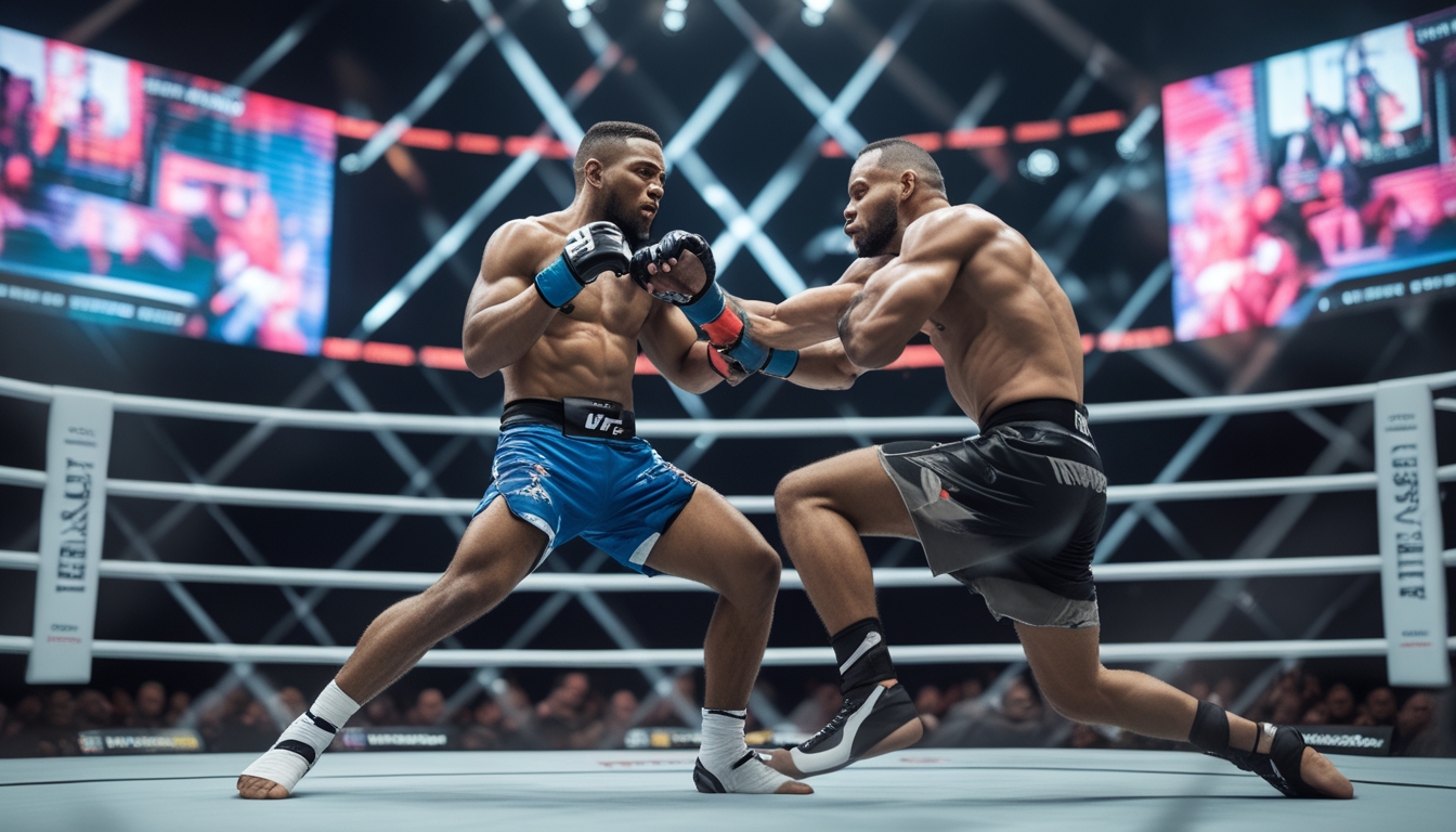 Dua petarung MMA sedang bertarung di dalam kandang octagon dengan penonton di latar belakang.