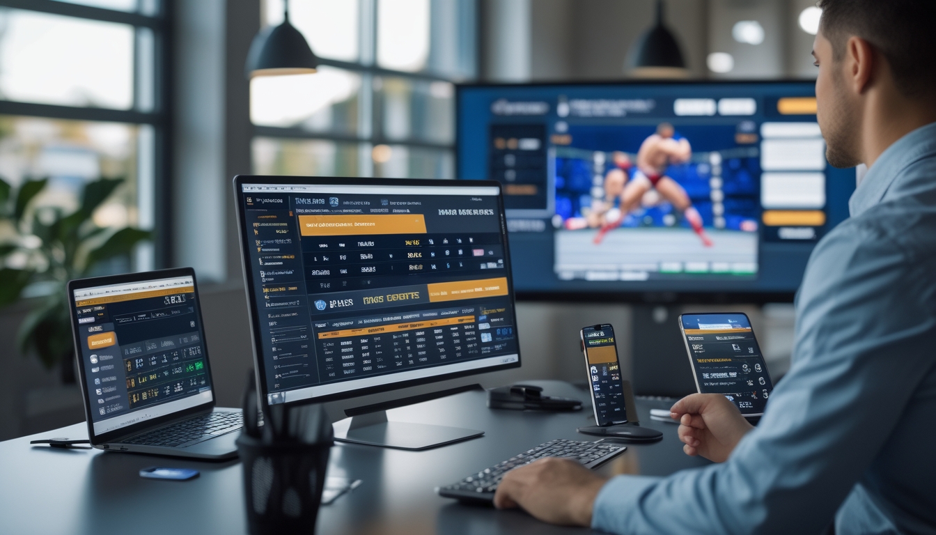 Seorang profesional sedang menggunakan perangkat digital untuk melihat statistik dan peluang taruhan MMA di ruang kerja modern dengan layar besar yang menampilkan pertarungan MMA.