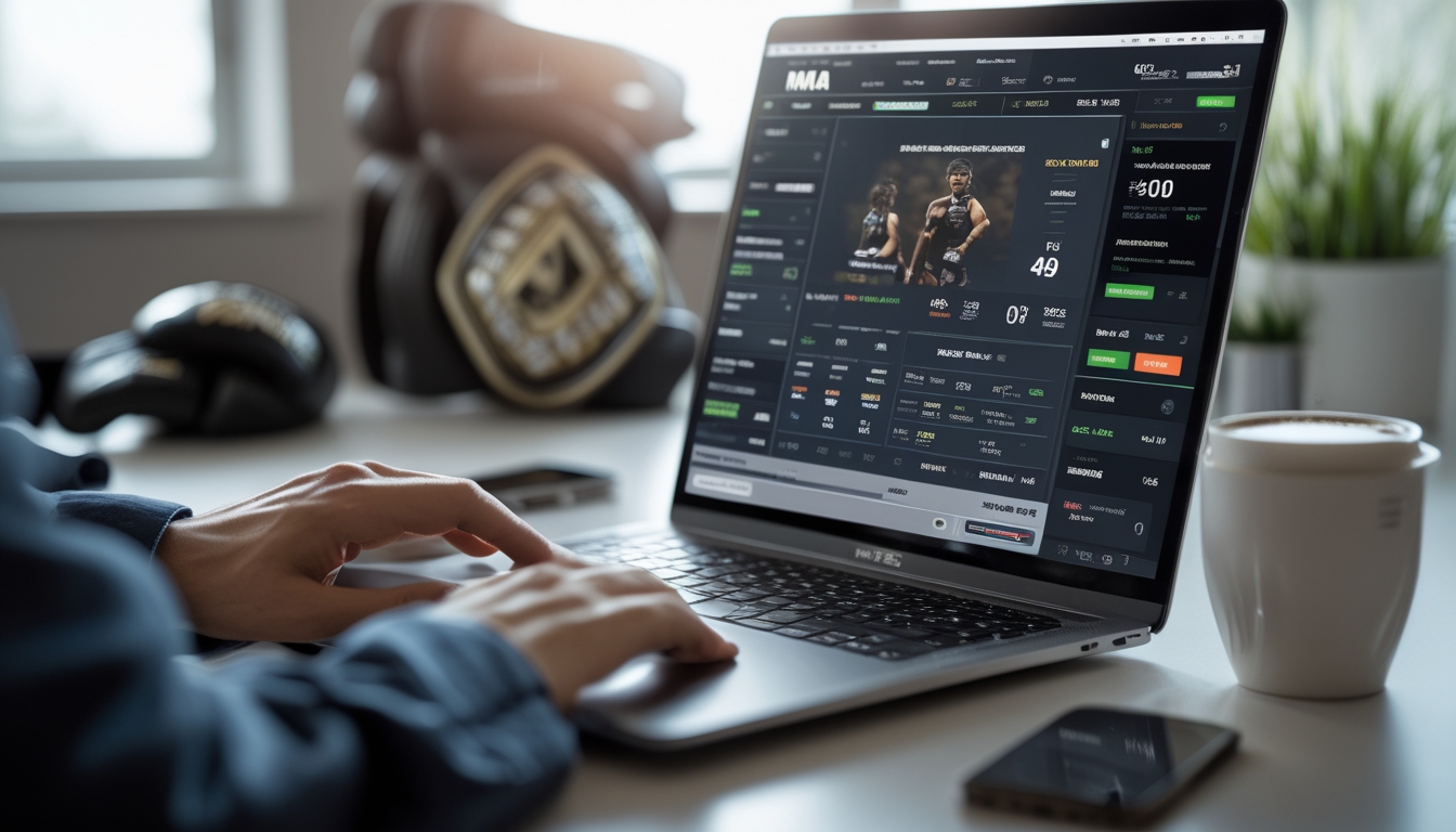 Seseorang menggunakan laptop untuk bertaruh pada pertandingan MMA online di meja kerja dengan ponsel dan kopi di sampingnya.