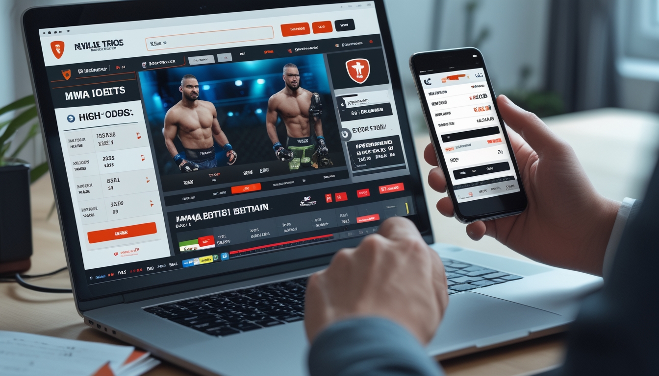 Seseorang menggunakan laptop dan ponsel untuk memasang taruhan pada pertandingan MMA secara online di sebuah ruang kerja modern.