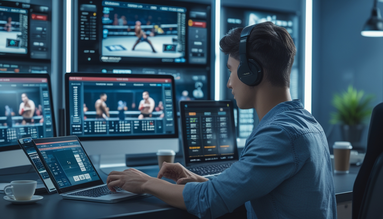 Seorang pria muda sedang menggunakan laptop di meja dengan beberapa layar menampilkan pertarungan MMA secara langsung dan antarmuka taruhan digital di sekitarnya.