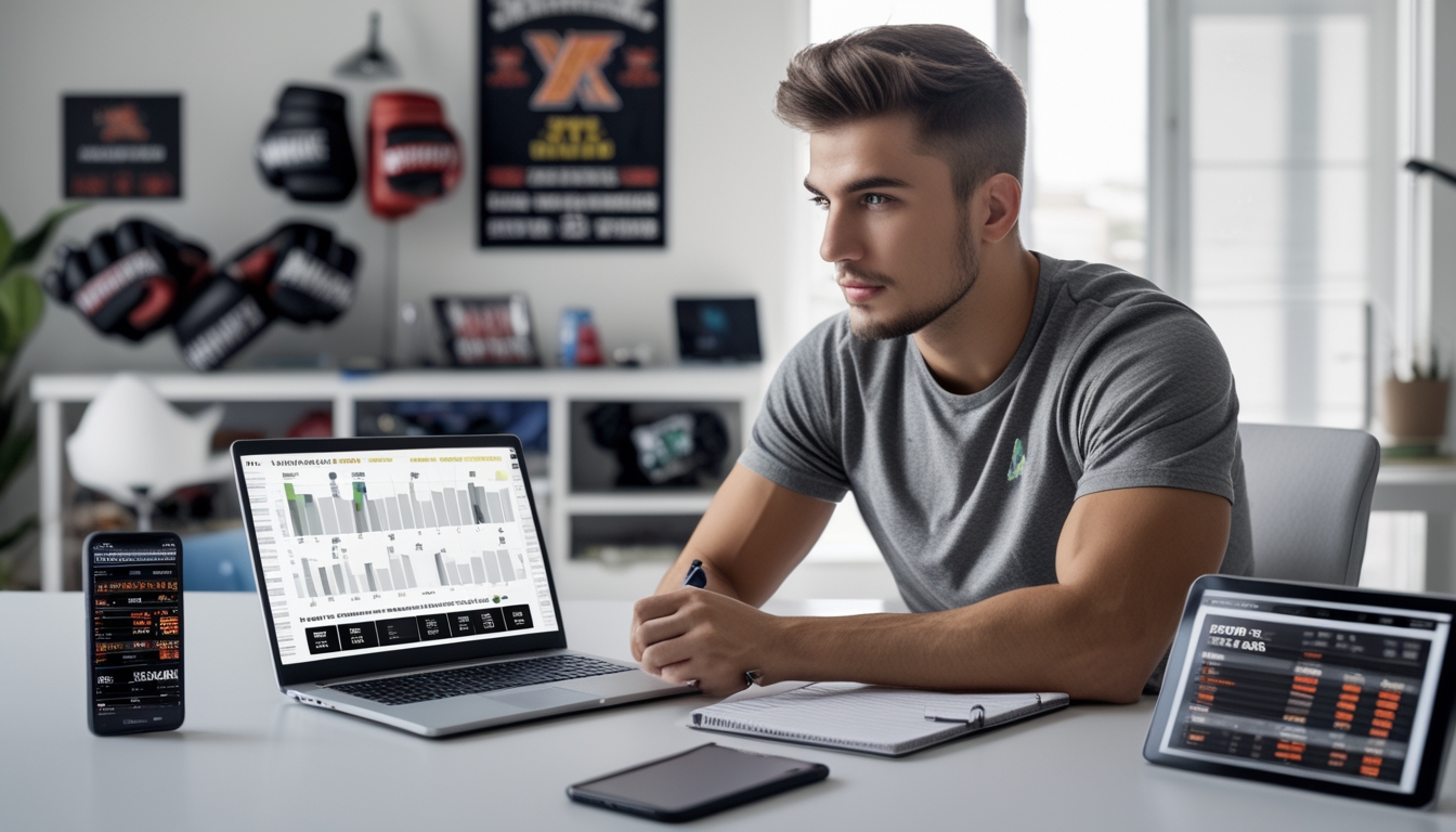 Seorang pria muda duduk di meja dengan laptop dan alat tulis, fokus menganalisis taruhan MMA secara online di ruang kerja yang terang.