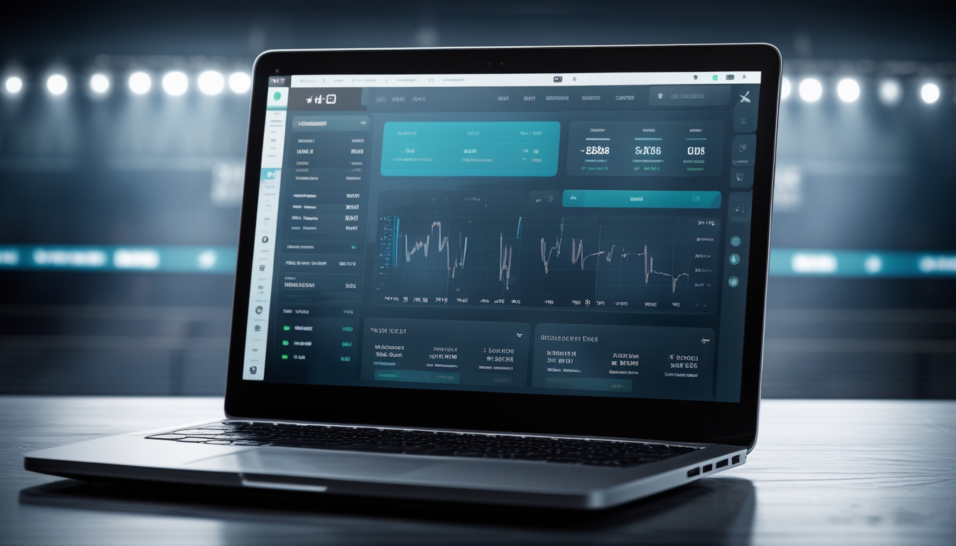 Layar komputer menampilkan platform taruhan MMA dengan fitur cash out dan odds kompetitif, latar belakang arena MMA dengan siluet petarung.