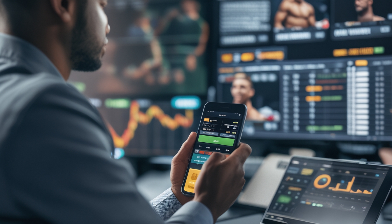 Seorang pria menggunakan ponsel dengan layar menampilkan aplikasi taruhan MMA, di latar belakang tampak layar besar yang menampilkan pertarungan MMA dan statistik taruhan.