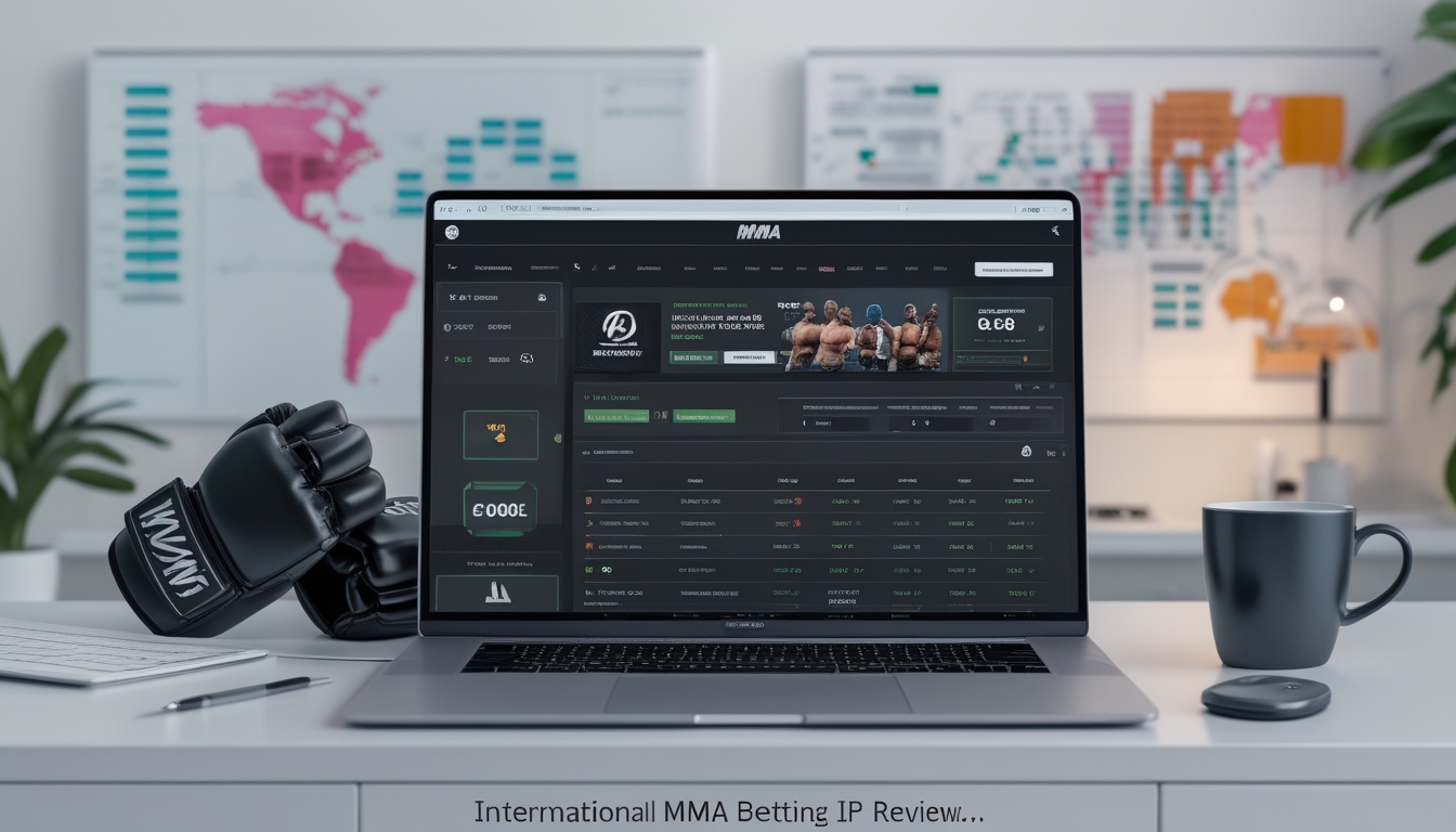 Sebuah meja kerja modern dengan laptop yang menampilkan situs taruhan MMA internasional, dilengkapi sarung tangan MMA dan peta dunia di latar belakang.
