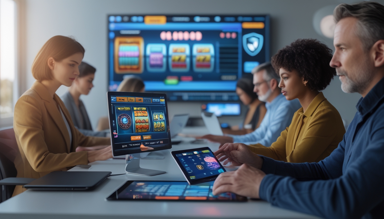 Beberapa orang dewasa menggunakan perangkat digital untuk bermain permainan slot online di ruangan yang modern dan terang.