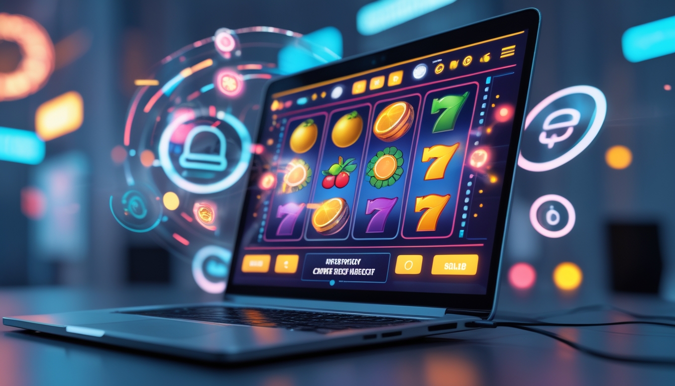 Sebuah ruang kerja modern dengan laptop yang menampilkan permainan slot online berwarna cerah dan ikon digital mengambang di sekitarnya.