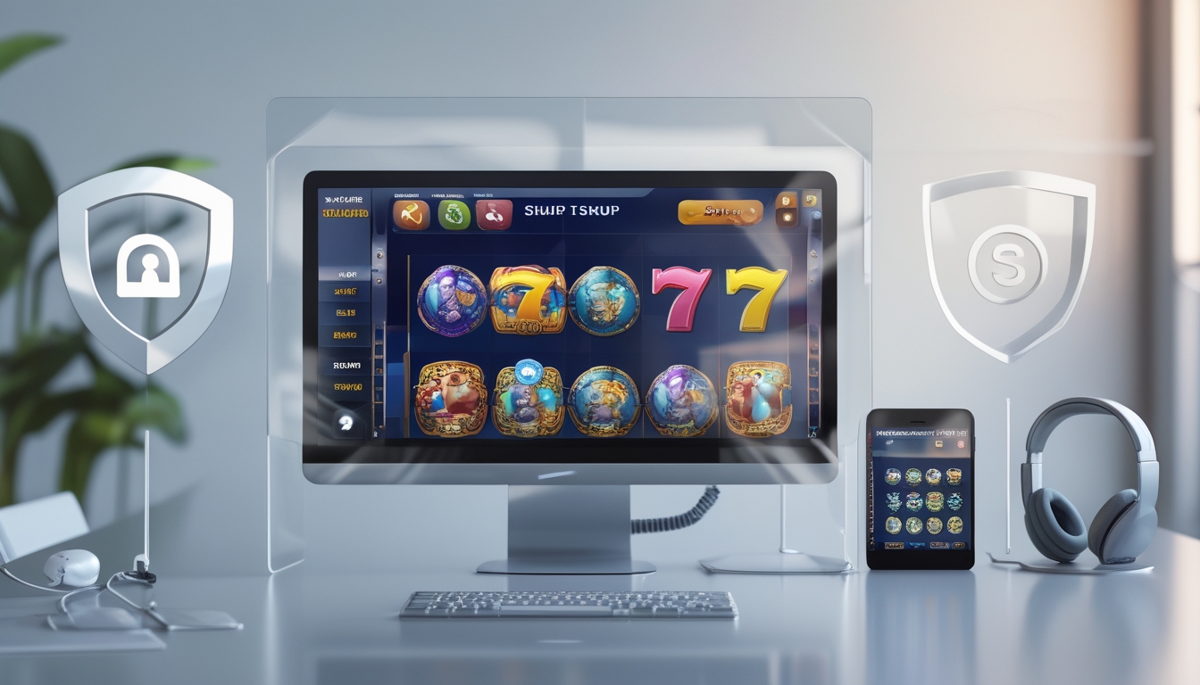 Sebuah ruang kerja modern dengan komputer menampilkan permainan slot online dan simbol keamanan seperti ikon perisai dan gembok.