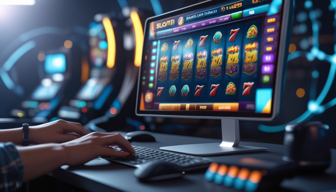 Seseorang sedang bermain permainan slot online di komputer dengan layar besar yang menampilkan grafik mesin slot berwarna-warni.