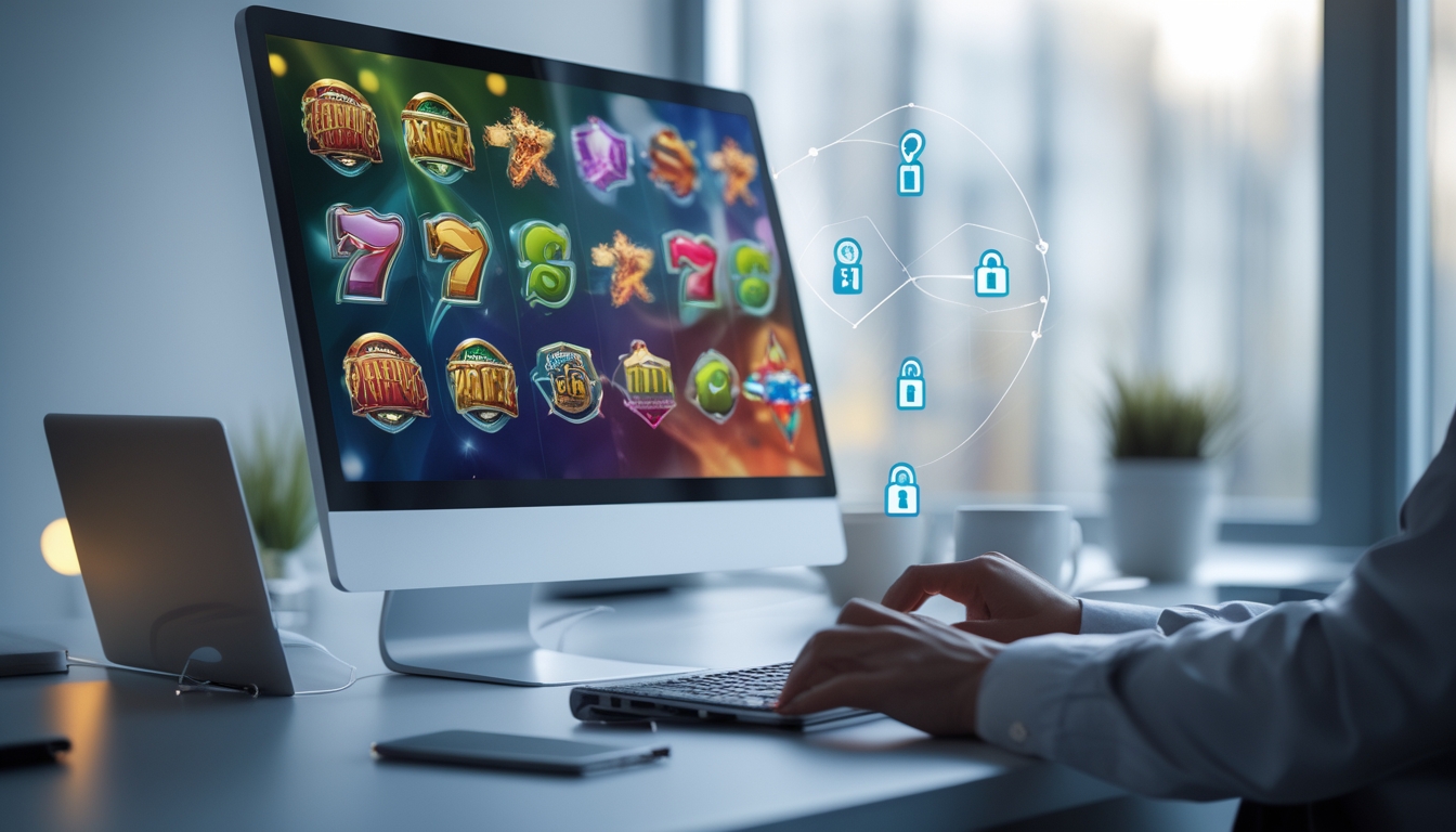 Seorang pria duduk di depan komputer menampilkan permainan slot online dengan simbol keamanan di sekitar layar dalam suasana kantor modern.