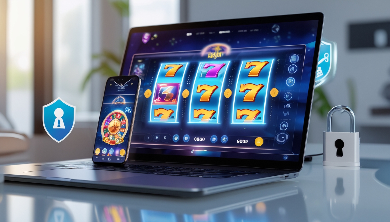 Seorang pengguna sedang bermain permainan slot online menggunakan laptop dan ponsel di meja yang rapi dengan simbol keamanan di latar belakang.