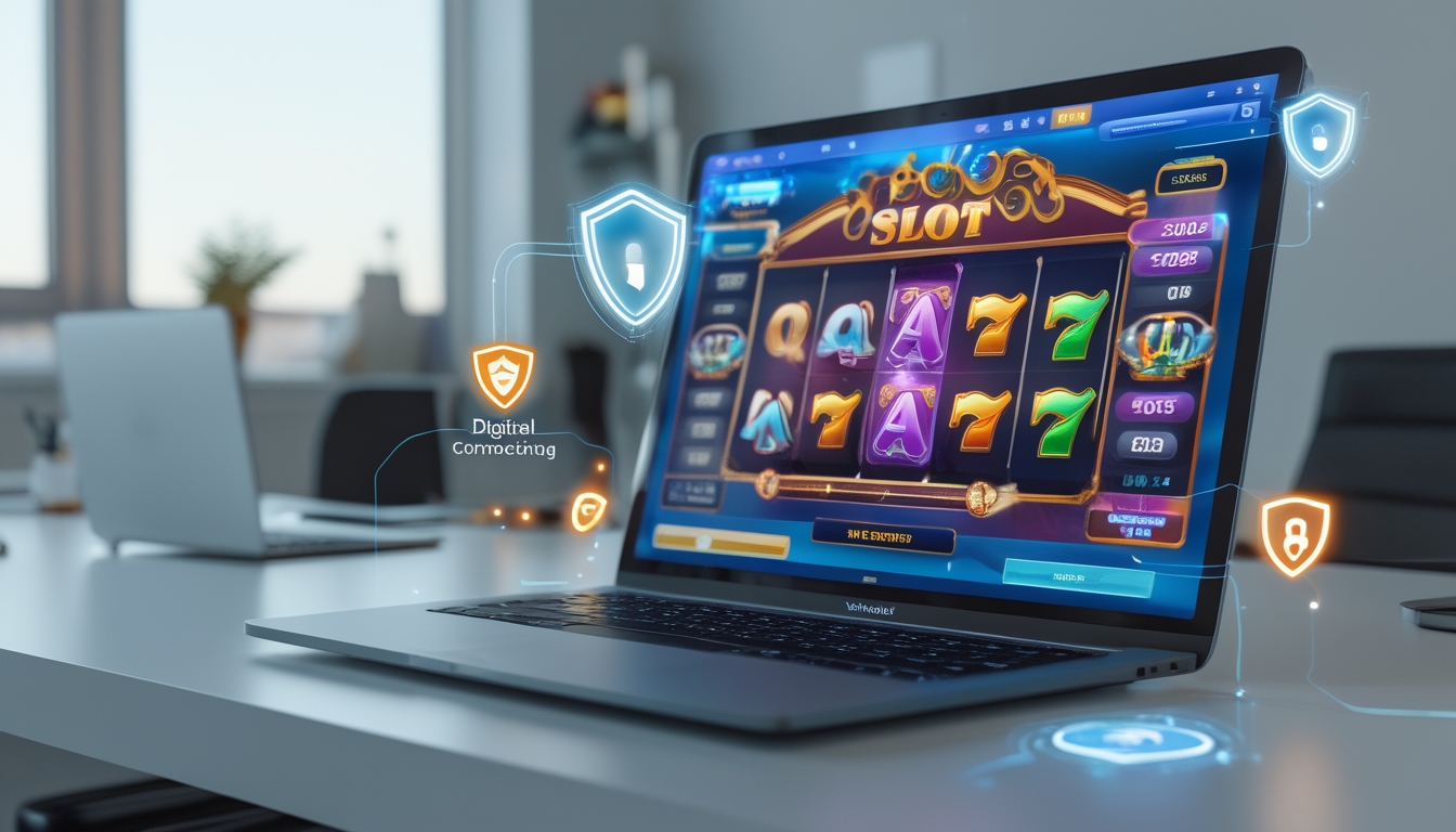 Seorang pengguna sedang bermain permainan slot online di komputer dengan ikon keamanan dan jaringan digital di latar belakang.