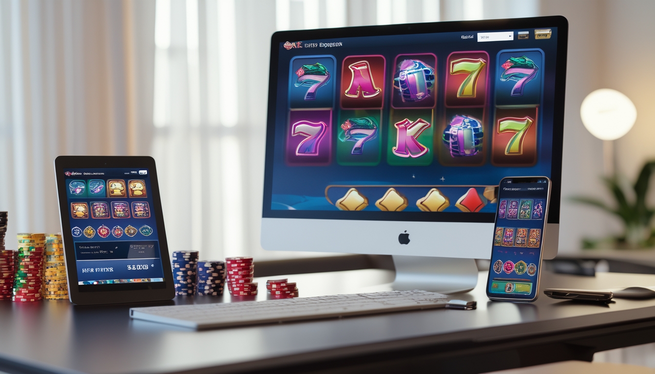 Meja kerja modern dengan komputer, ponsel, dan tablet yang menampilkan permainan slot online berwarna-warni.