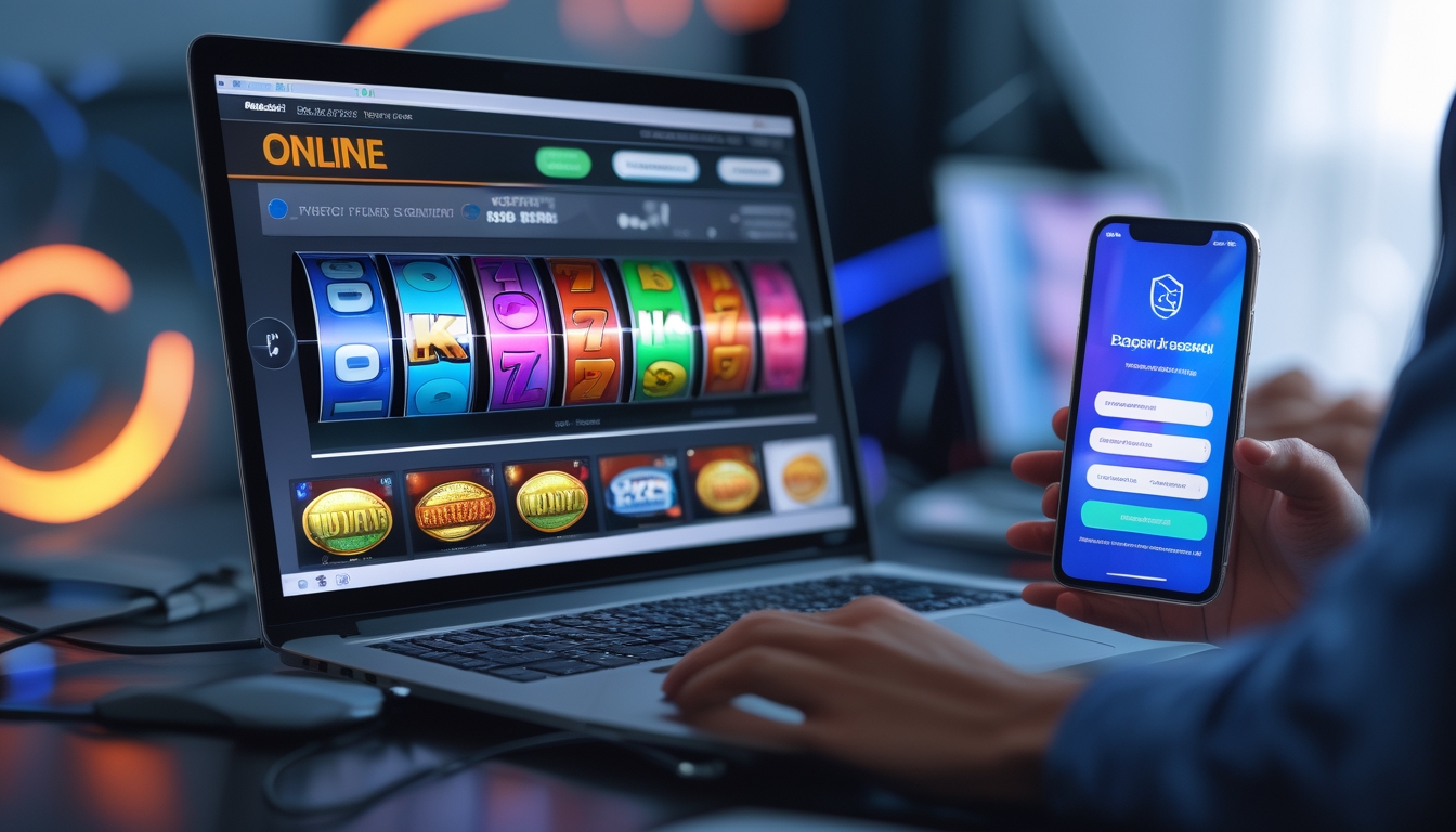 Seorang pengguna sedang bermain permainan slot online di laptop dengan layar penuh warna dan menggunakan ponsel untuk transaksi deposit yang aman.