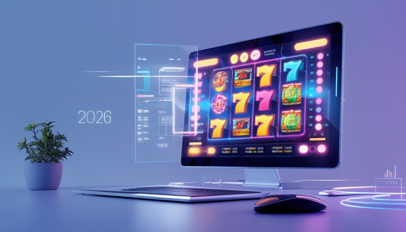 Sebuah layar komputer menampilkan ikon mesin slot berwarna-warni dengan latar belakang digital futuristik tanpa teks.