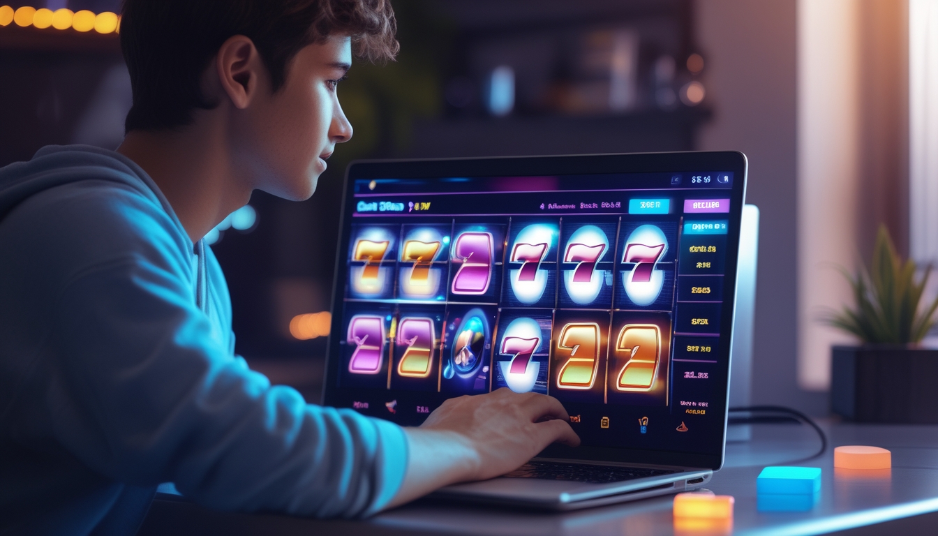 Seseorang menggunakan laptop di ruangan nyaman dengan tampilan permainan slot online di layar.