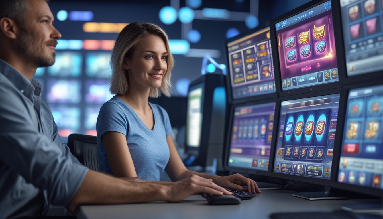 Dua orang dewasa sedang menggunakan komputer dengan tampilan permainan slot online di layar, di ruangan yang terang dan modern.