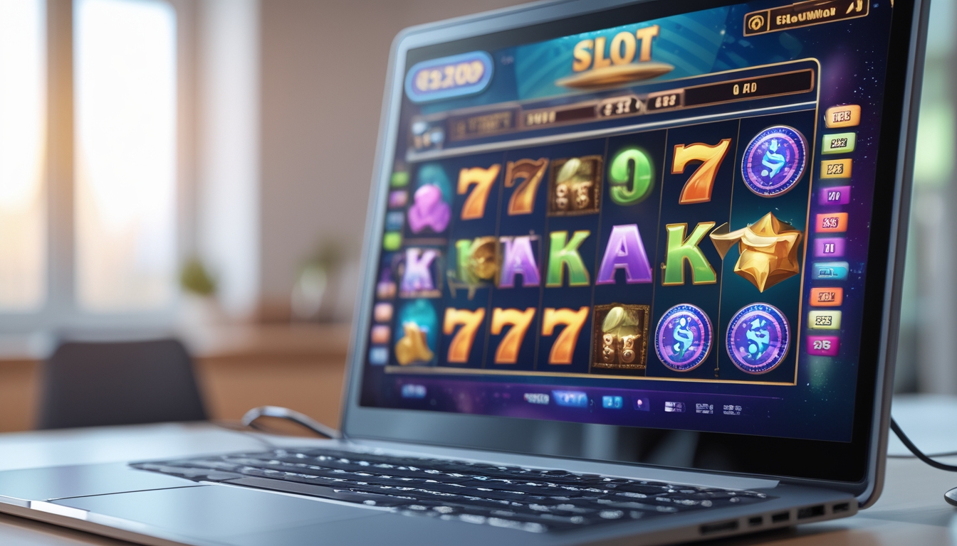 Seseorang menggunakan komputer dengan tampilan permainan slot online berwarna-warni di layar, di ruangan yang terang dan modern.