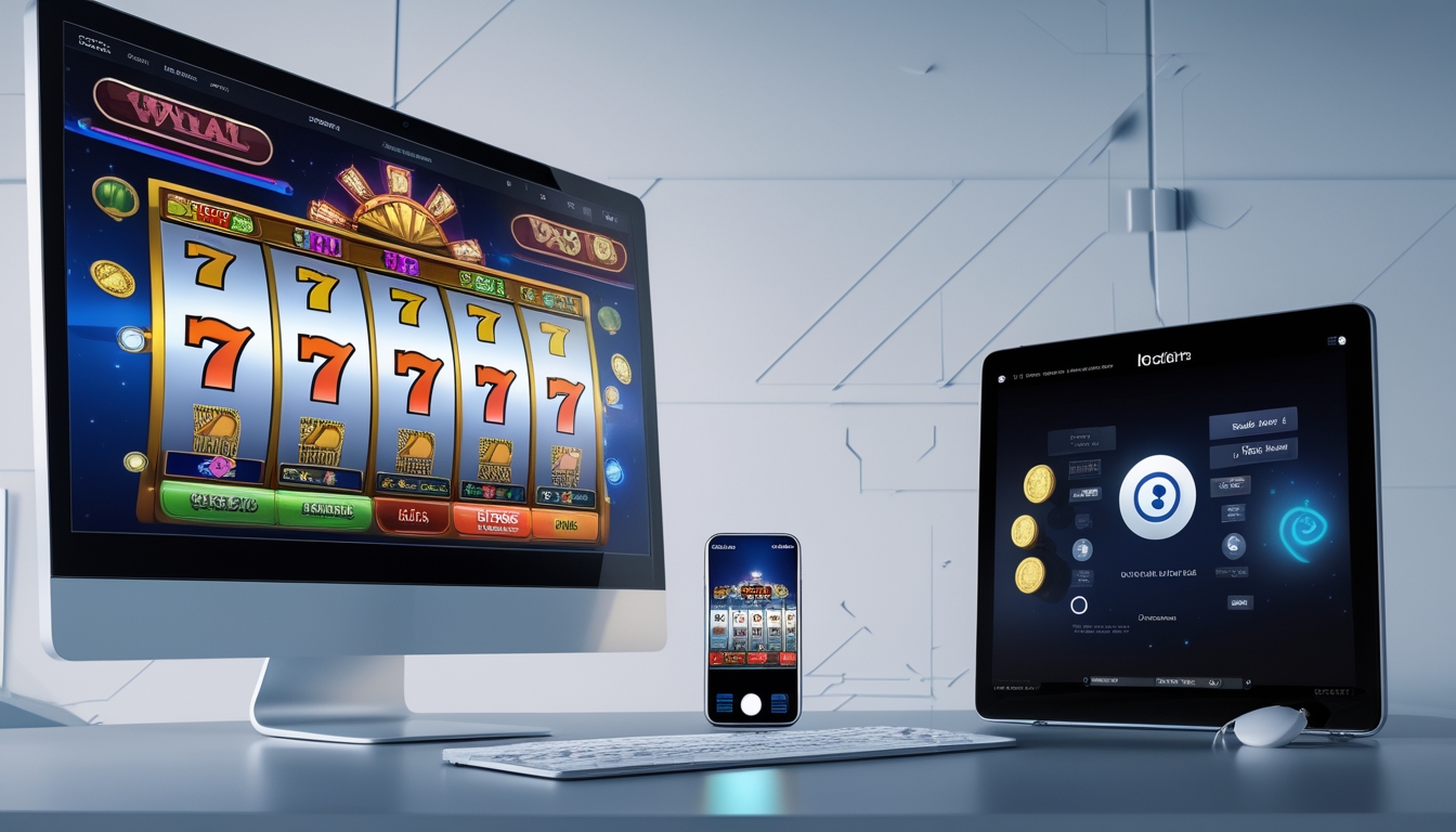 Meja kerja dengan komputer dan ponsel yang menampilkan permainan slot online dengan simbol jackpot dan suasana yang profesional.
