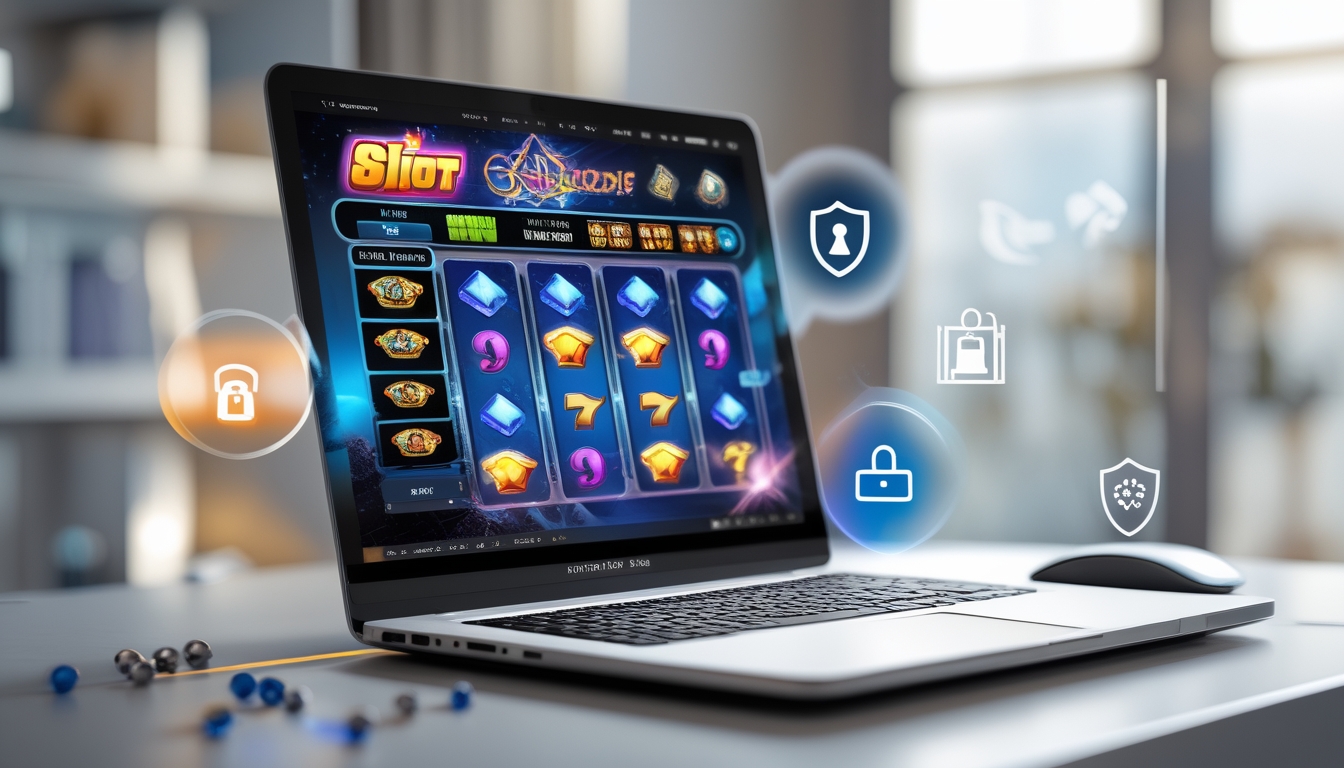Sebuah laptop di atas meja menampilkan permainan mesin slot online dengan simbol warna-warni, di latar belakang ruangan yang nyaman dan terang.