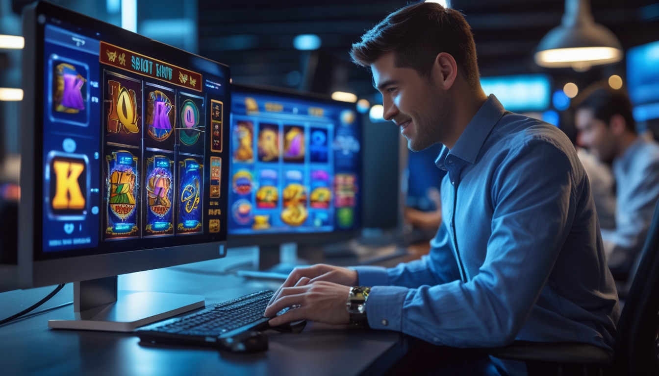 Seseorang menggunakan komputer dengan layar menampilkan permainan slot online yang berwarna-warni dan simbol keamanan di latar belakang.