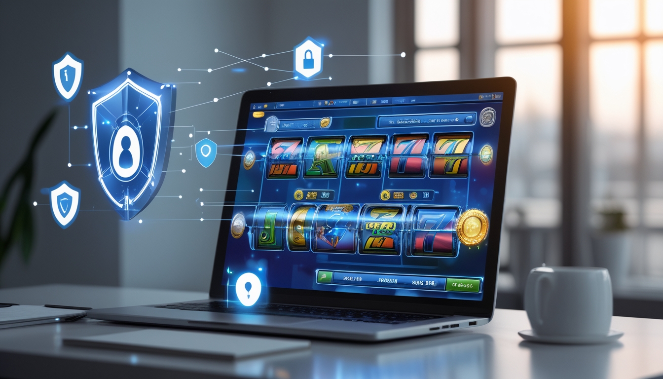 Seorang pengguna sedang bermain game slot online di laptop dengan latar belakang yang menunjukkan simbol keamanan dan koneksi internet.