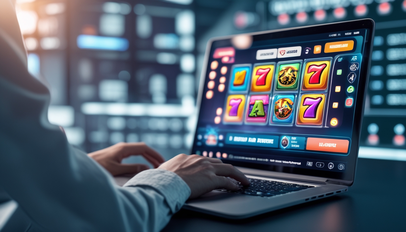Seseorang menggunakan laptop dengan tampilan permainan slot online di meja kerja modern.