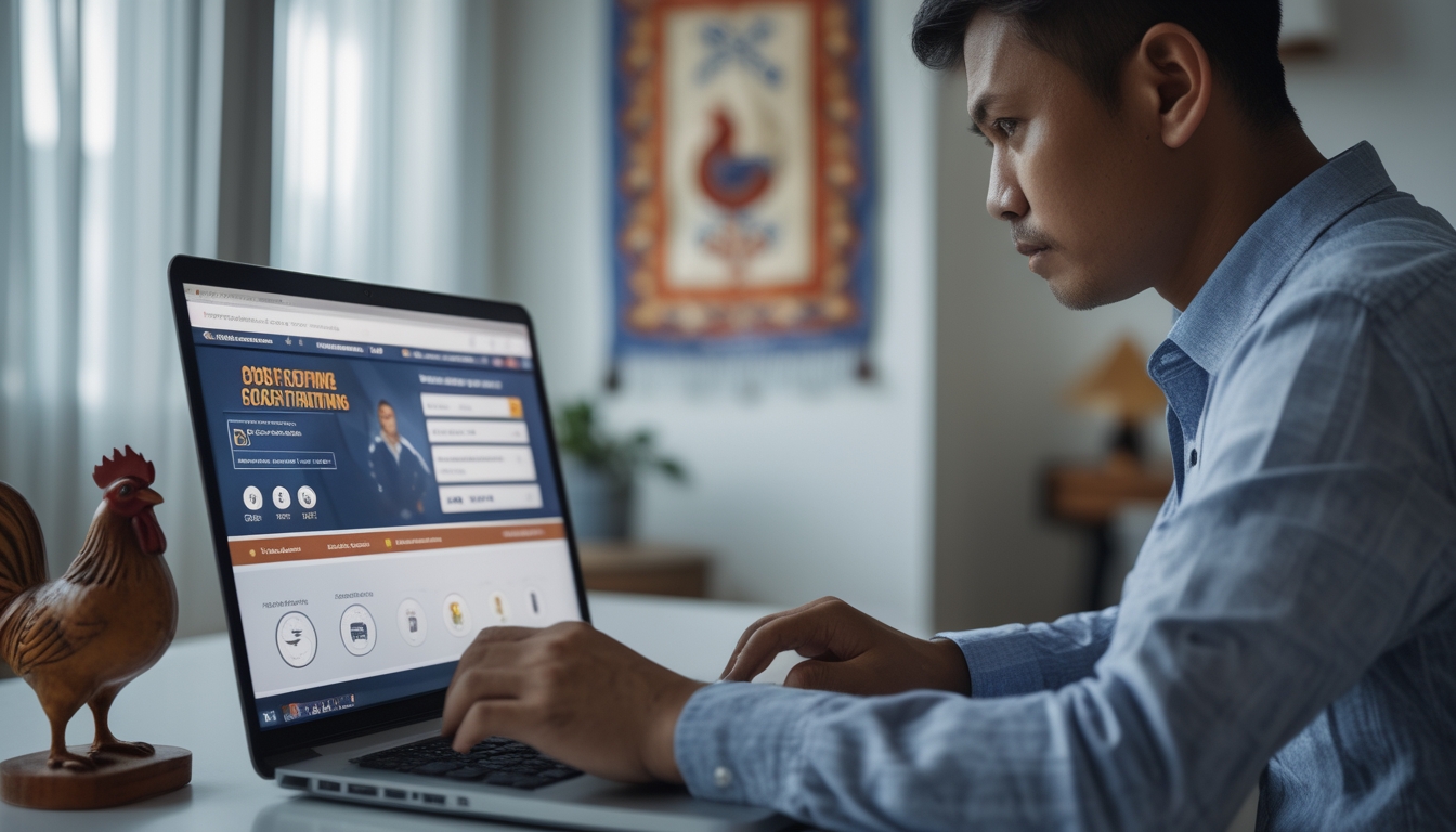 Seorang pria Indonesia sedang menggunakan laptop di ruang kerja dengan hiasan batik dan figur ayam jago di meja.