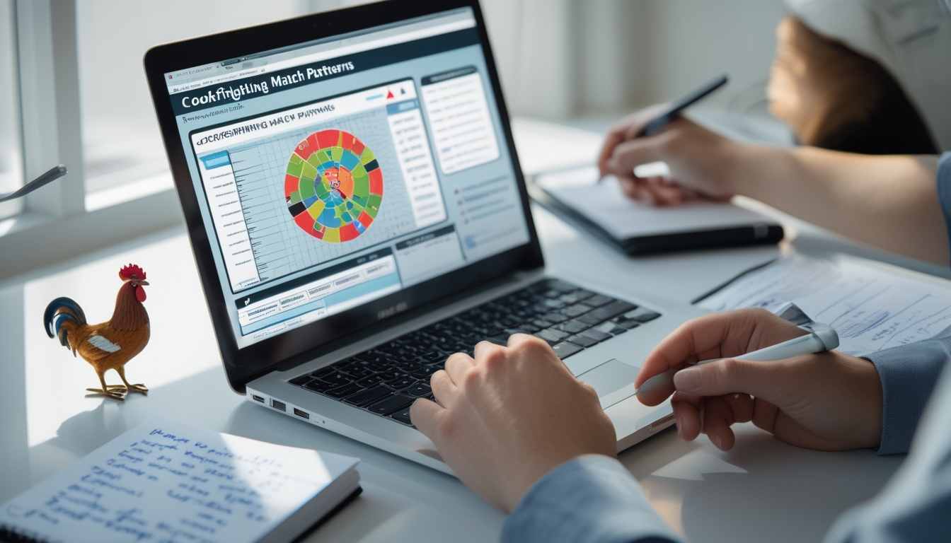 Seseorang sedang menganalisis pola pertandingan sabung ayam secara online menggunakan laptop dengan catatan di meja.