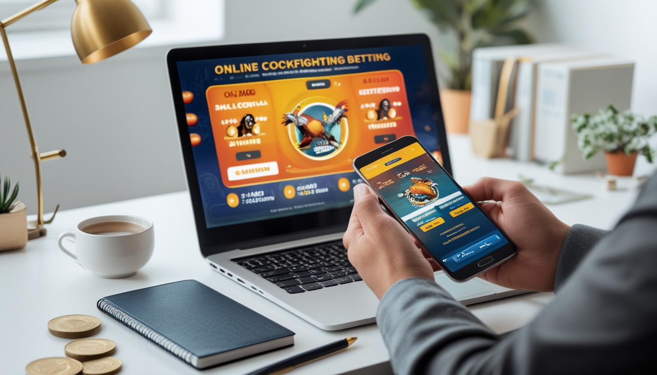 Seseorang menggunakan laptop dan ponsel untuk memasang taruhan sabung ayam online di meja kerja yang rapi dengan kopi dan alat tulis.