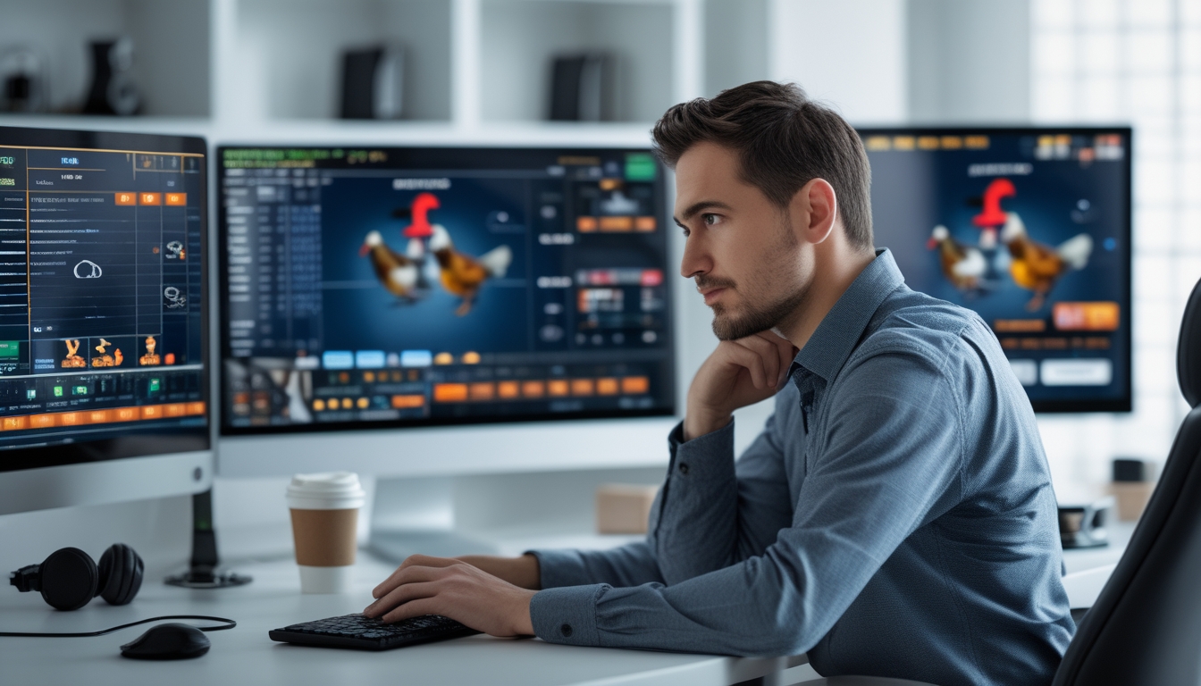Seorang pria fokus duduk di depan beberapa layar komputer yang menampilkan grafik dan informasi taruhan sabung ayam online, di ruang kerja modern.