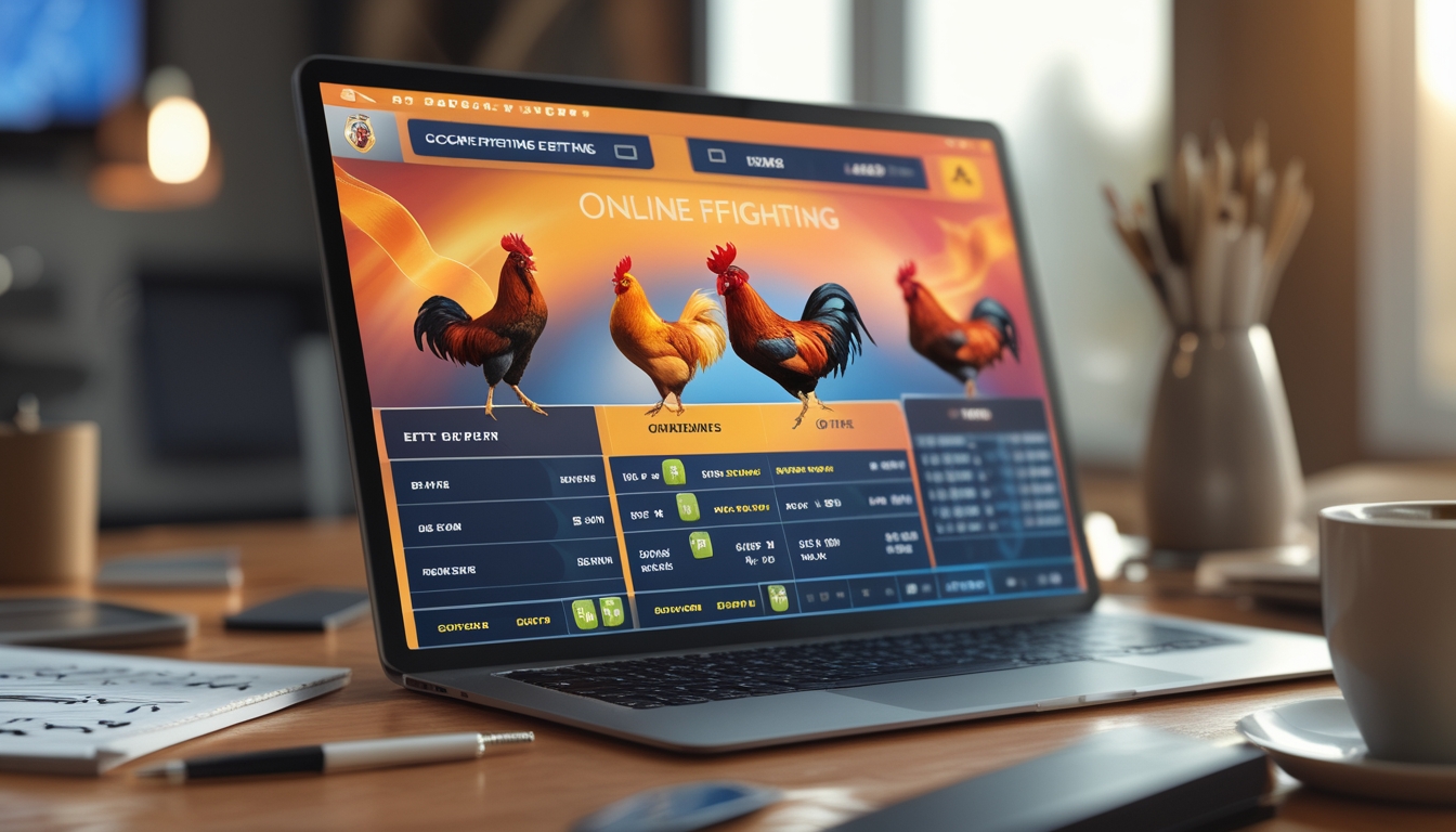 Seorang pengguna sedang melihat layar perangkat dengan berbagai pilihan taruhan sabung ayam online dan grafik peluang taruhan.
