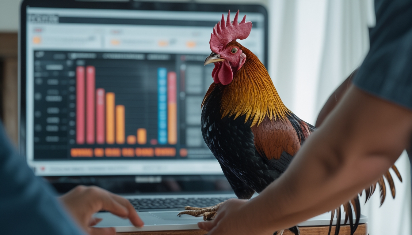 Seseorang memeriksa kekuatan seekor ayam jago sebelum memasang taruhan sabung ayam secara online.