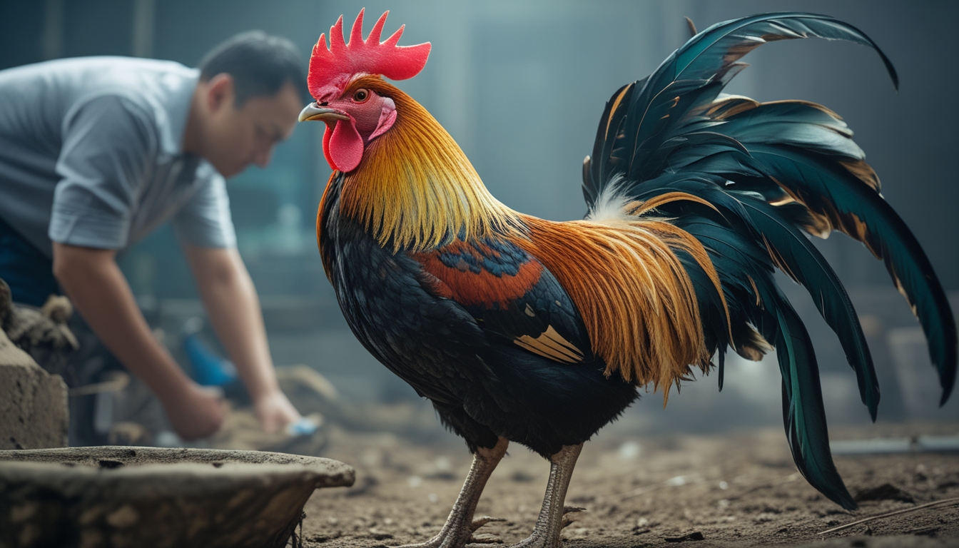 Seekor ayam jago sehat dan kuat sedang diperiksa oleh seseorang sebelum bertarung.