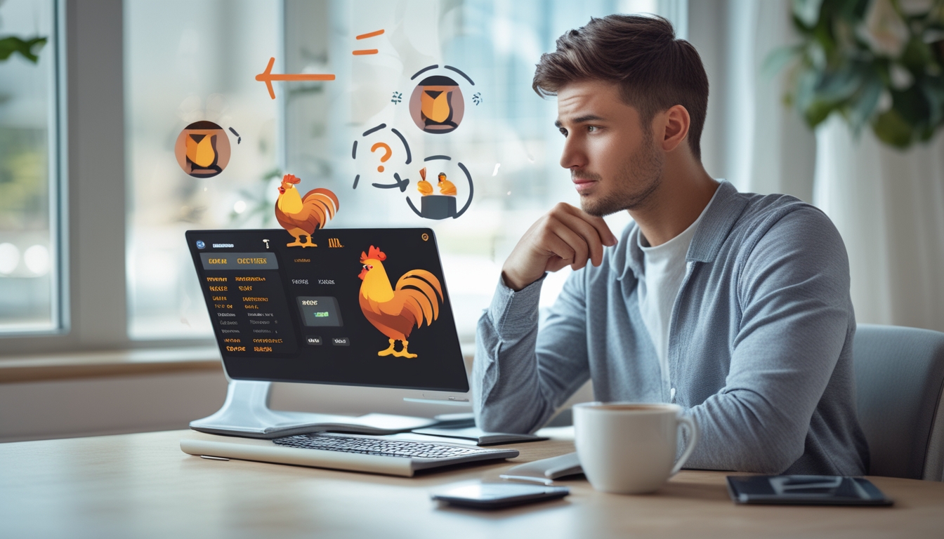 Seorang pria muda duduk di depan laptop dengan ekspresi serius, memperhatikan layar yang menampilkan ikon ayam jago, di meja terdapat catatan dan kopi.